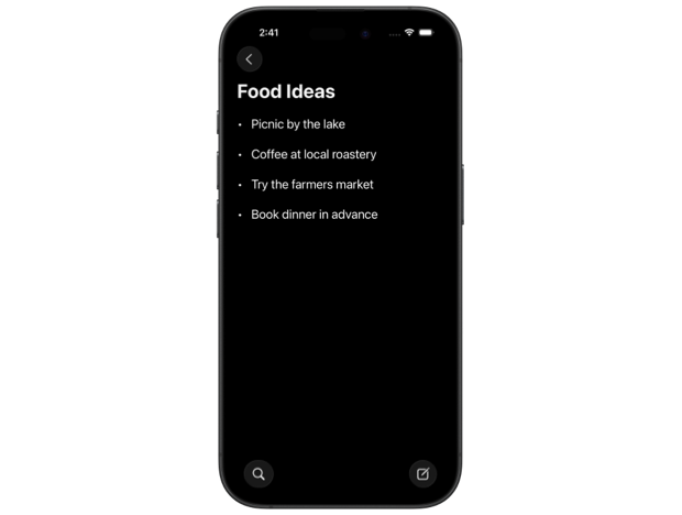 iPhone displaying a note with the search button in the bottom leading corner and the compose button in the bottom trailing corner