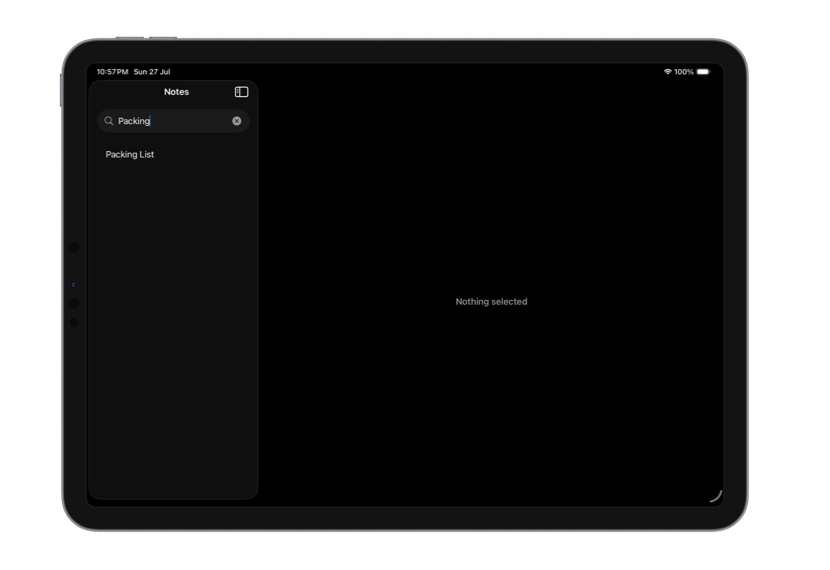 iPad showing a notes app with the search field expanded in the sidebar and a search query entered