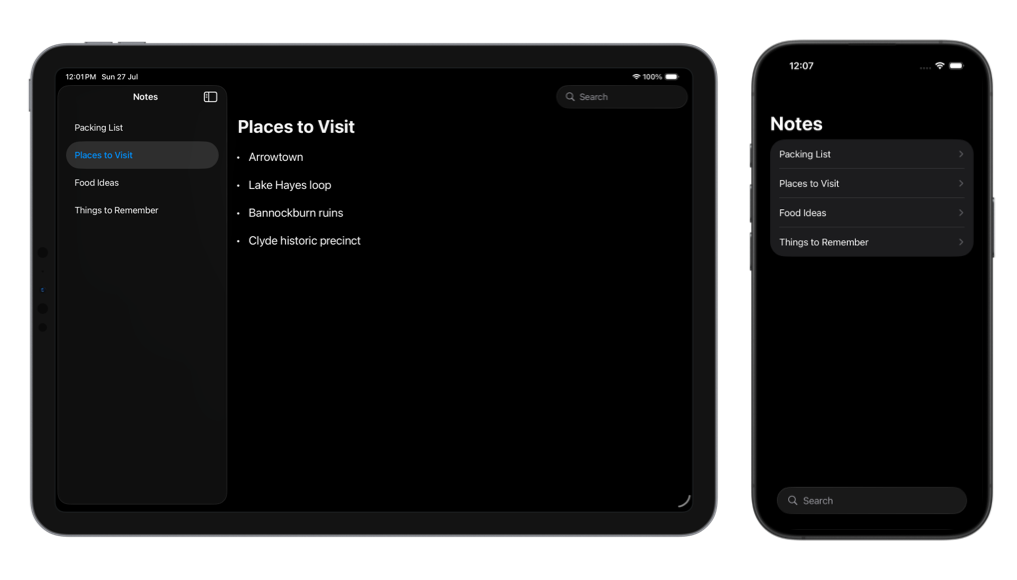 iPad and iPhone side-by-side showing a notes app using NavigationSplitView, with the search field appearing in the top trailing corner on iPad and at the bottom of the screen on iPhone