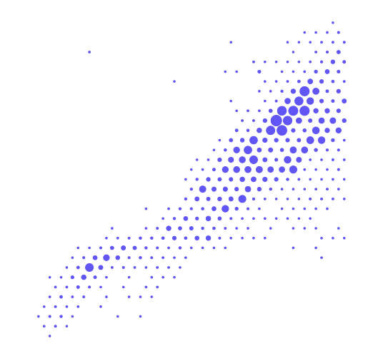 Earthquake frequency shown as indigo circles of varying size at occupied grid centres, without a coastline