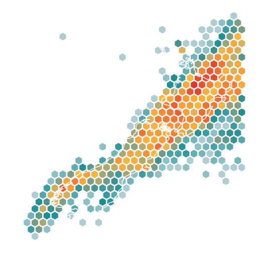 A hexagonal heatmap of earthquake frequency around Aotearoa New Zealand, overlaid with the coastline outline