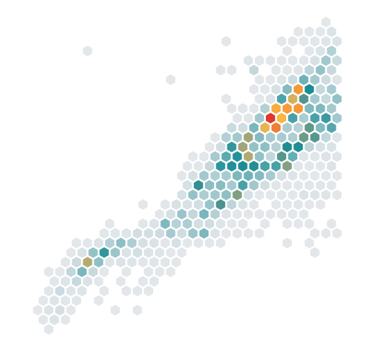 The earthquake heatmap using a linear colour scale in dark appearance, with most cells appearing near the low end of the palette