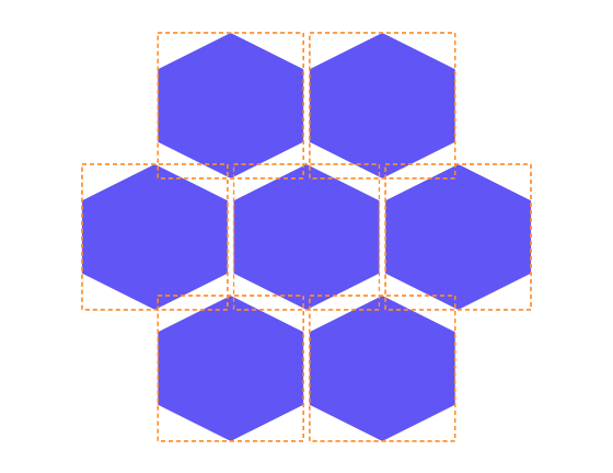 Seven hexagons in a staggered grid with orange dashed drawing frames