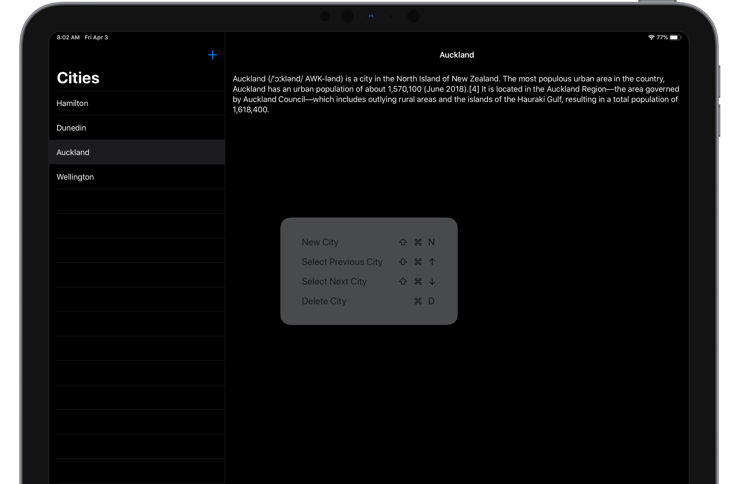 Screenshot of the sample app showing keyboard shortcuts window