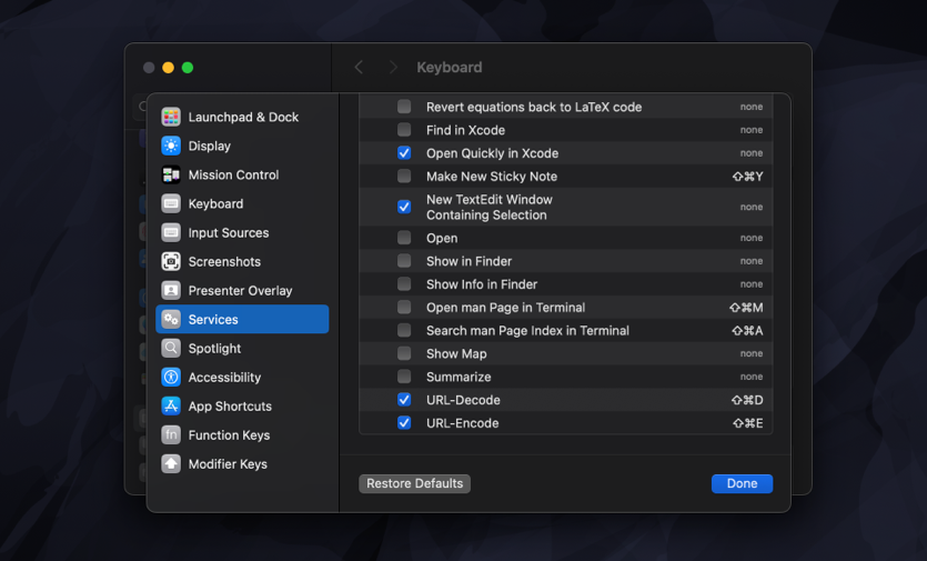 System Settings showing the Services section under Keyboard Shortcuts, with options like URL-Encode and URL-Decode enabled