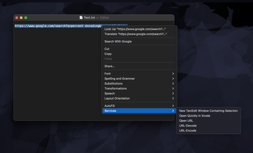 macOS context menu with 'URL-Decode' and 'URL-Encode' services for text selection